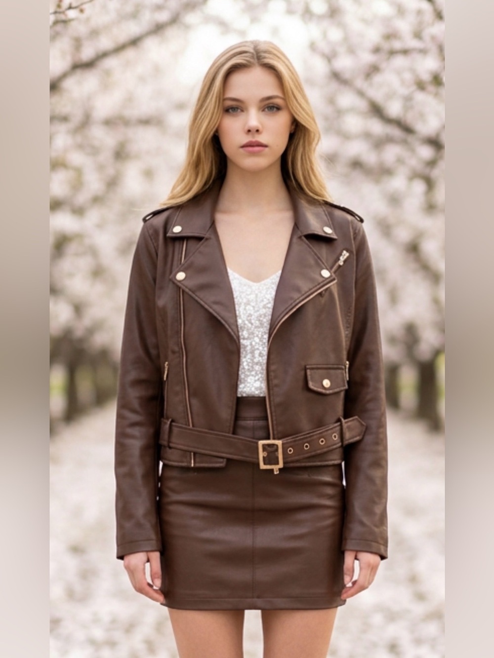 Fashion Nova Chocolate Brown Faux Leather PU Moto Jacket with Belt